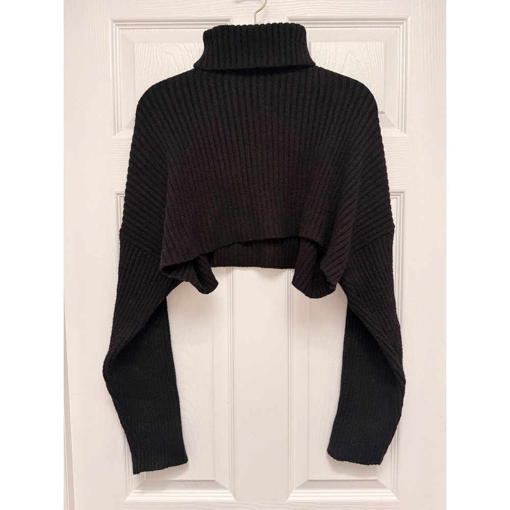 Zara Womens Ribbed Knit Ultra Cropped Turtleneck Sweater Black Small